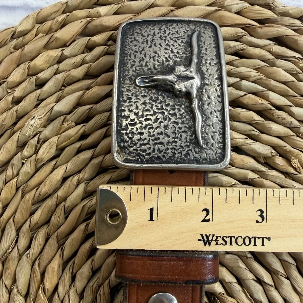 Bed Stu Men's Brown Leather Belt w/Texas Longhorn Bull Buckle. Western. Cowboy.